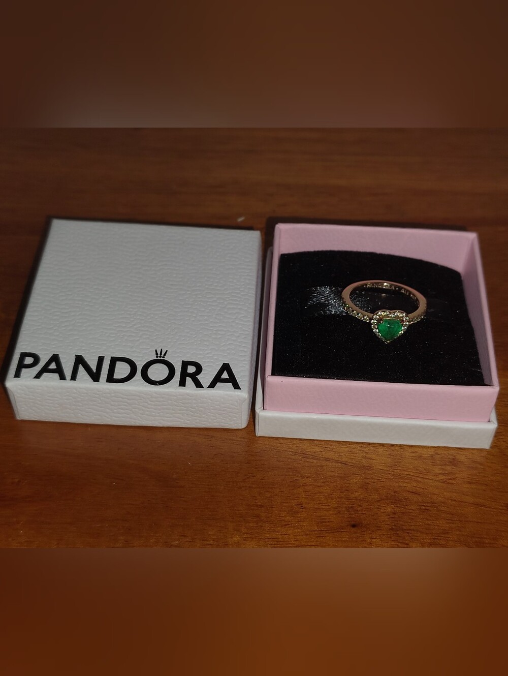Pandora Rose Gold Heart Ring with Emerald Green Center - Picture 6 of 6